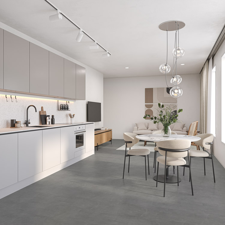 Harmaa vinyylilaatta keittiössä