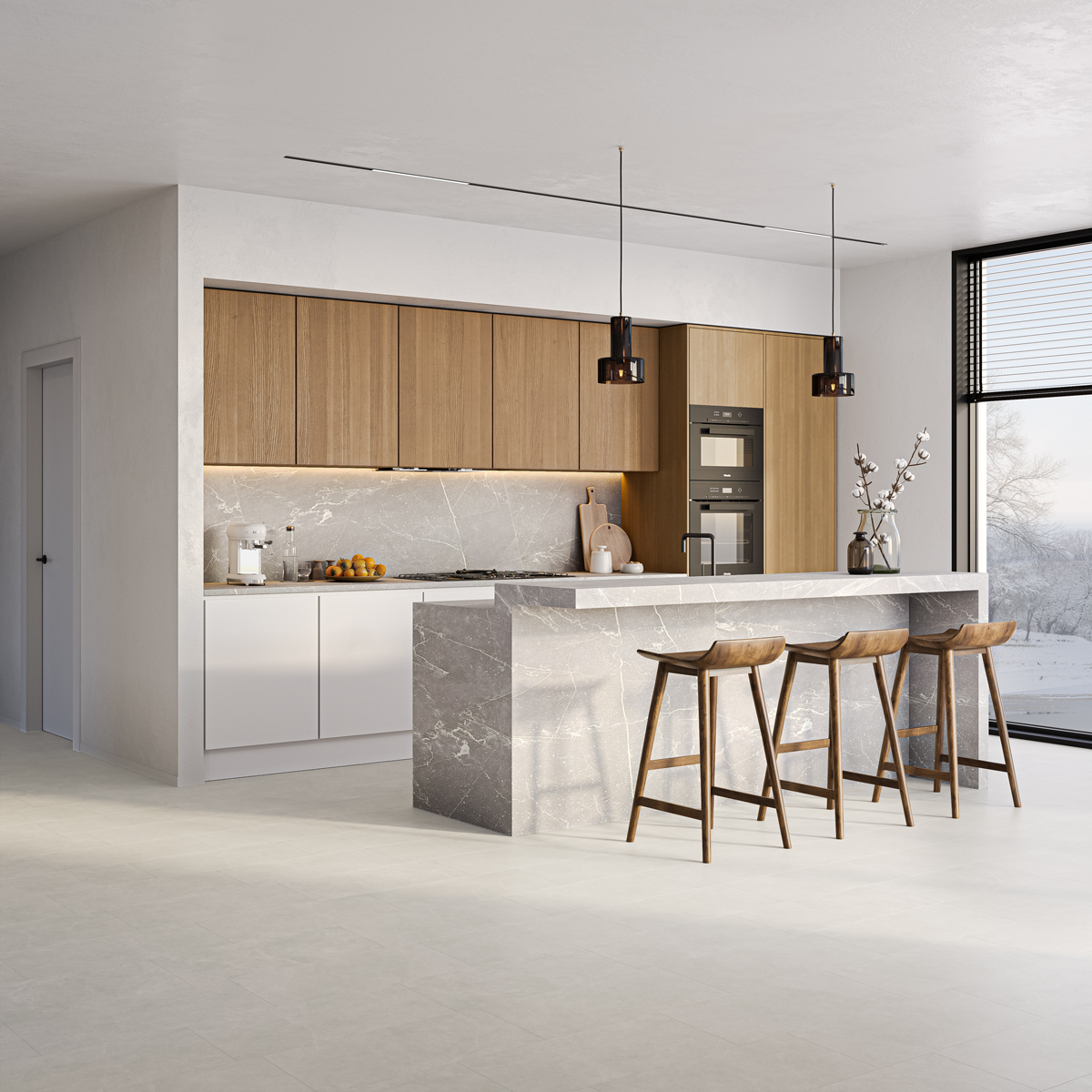 Vaaleanharmaa vinyylilaatta keittiössä