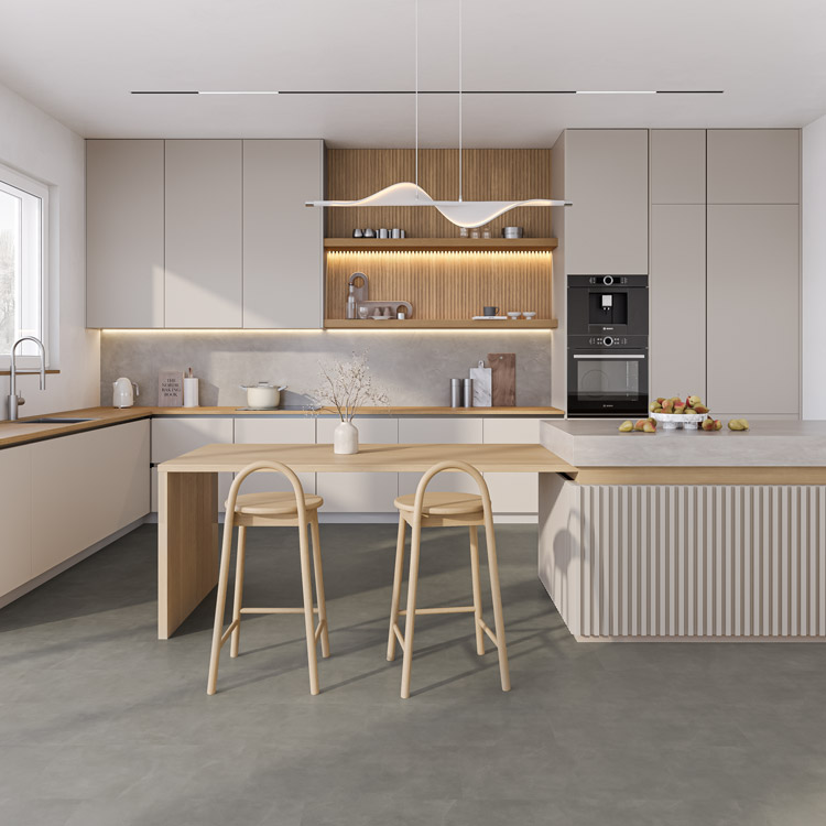 Ruskeanharmaa vinyylilaatta keittiössä