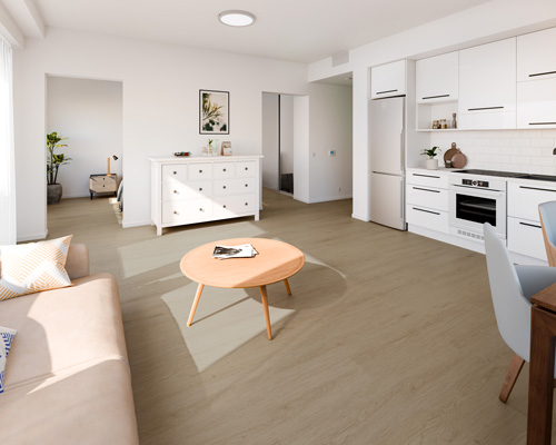 Vaaleanruskea vinyylilankku oleskeluhuoneessa