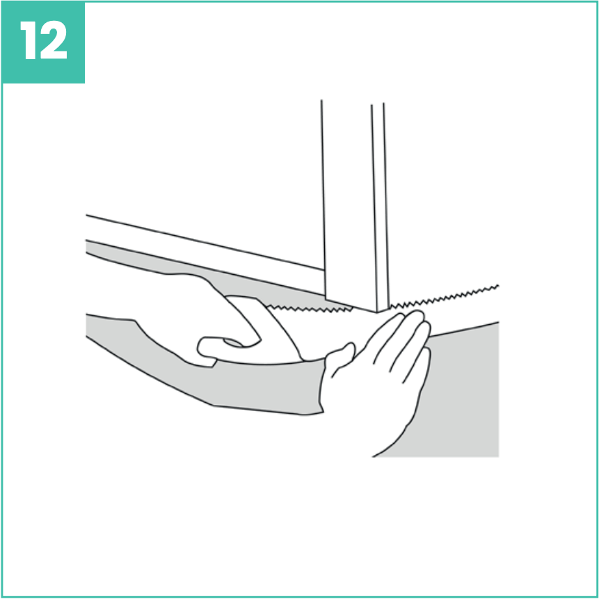 Ovenkarmin lyhennys liimattavan vinyylilankun asennuksessa