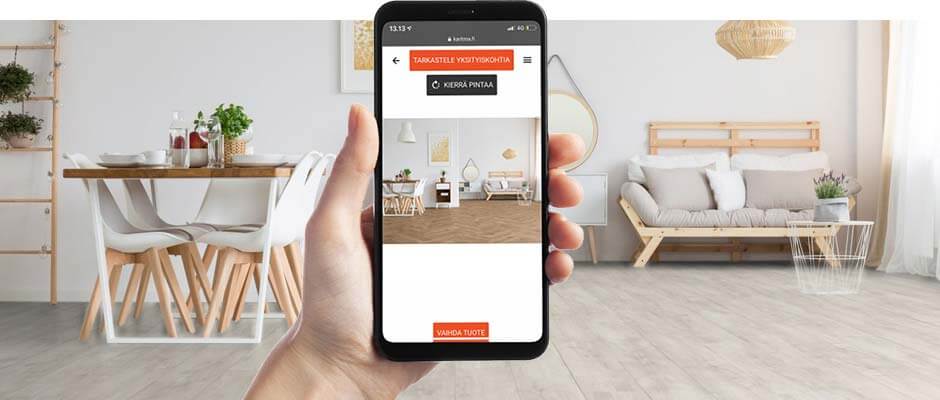 Karitma Lattiastudiolla voit kokeilla mille vinyylilankut, laminaatit ja vinyylikorkit näyttäisivät omassa tilassasi.