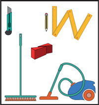 Vinyylilankun asennuksen työkalut ja apuvälineet.