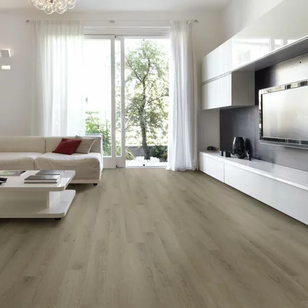 Vaaleanharmaa vinyylilankku Spotlight 2251 Oak Sand olohuoneessa - Vinyylilankut - 732251M - 2