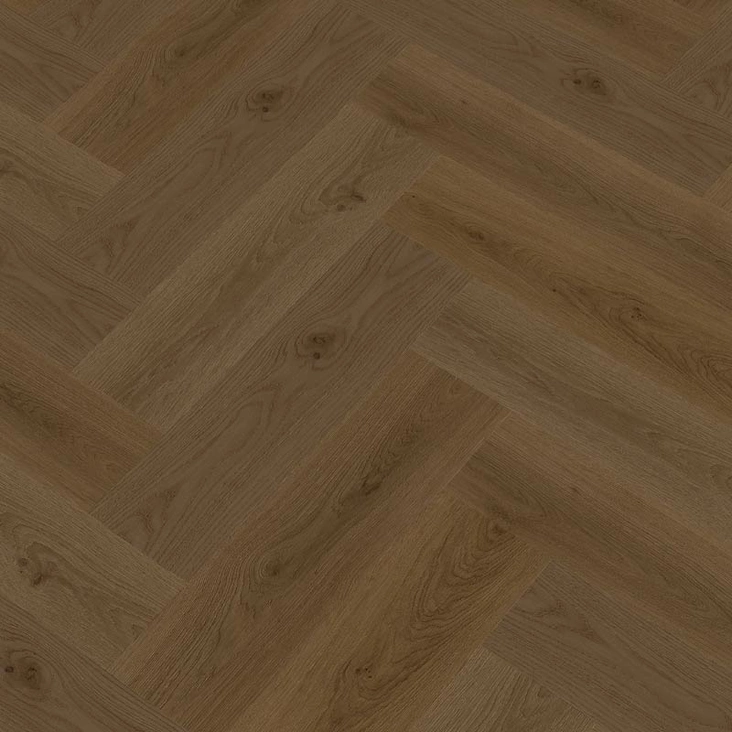 Tummanruskean kalanruotokuvioisen vinyylilankun kuosi Check One Herrin=
gbone 2076H Boxbach Oak - Vinyylilankut - 712076HM - 1